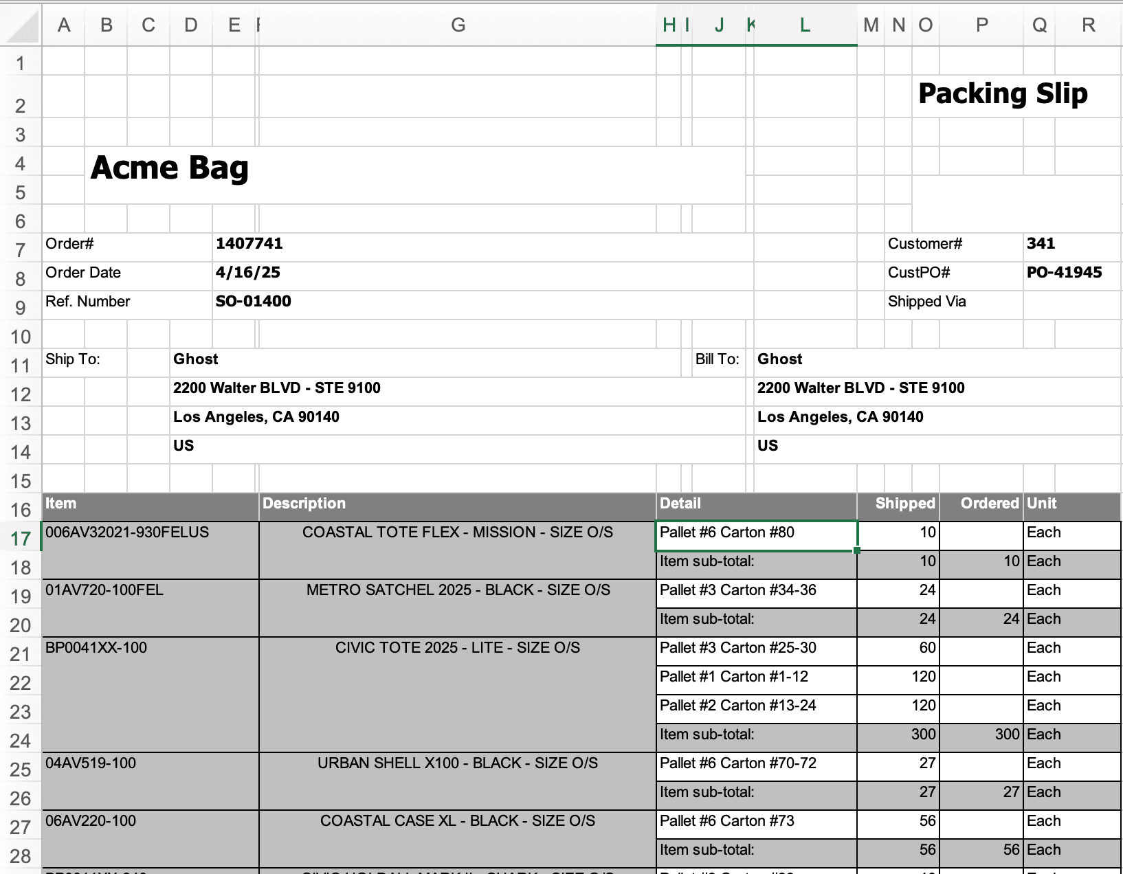 Example of inconsistent packing list formats
