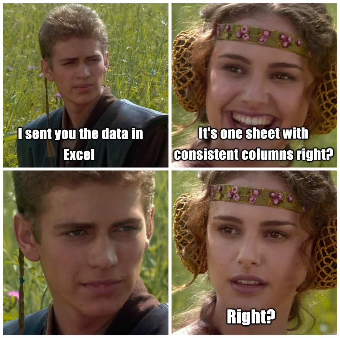 Star Wars Anakin and Padmé meme: 'I sent you the data in Excel' - 'It's one sheet with consistent columns right?' - 'Right?'